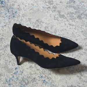 J.Crew 8.5 Black‎ Scalloped Edge Suede Kitten Heel Workwear Business Casual